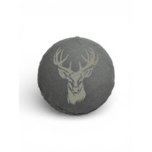 Black Slate Coasters Set of 4 Round Stone Drink Coaster Deer Stag Etched 4 Inch